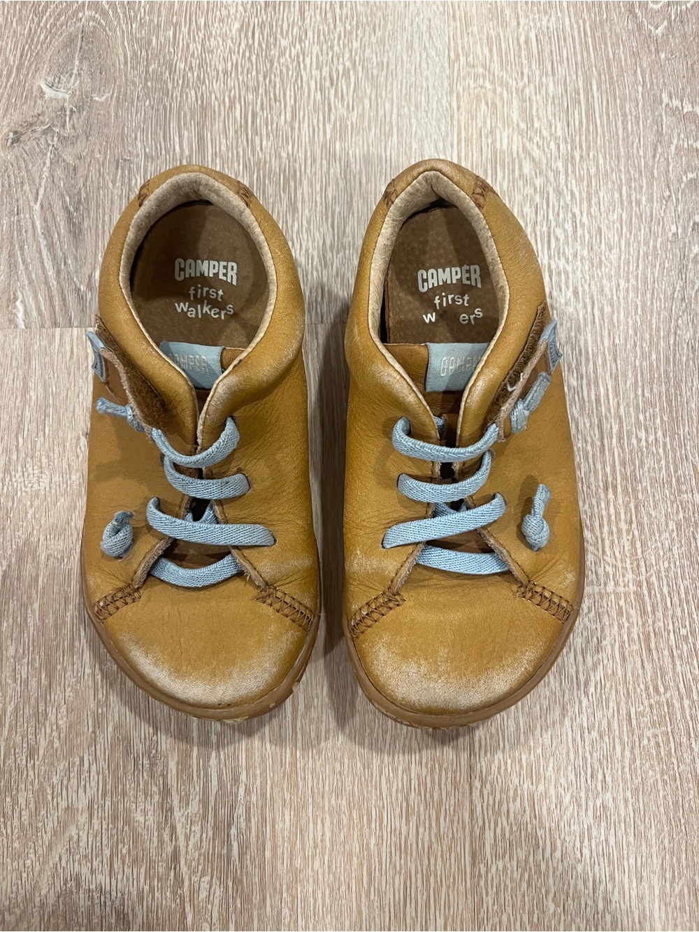 Camper Toddler Leather Walkers in Tan with Light Blue Laces